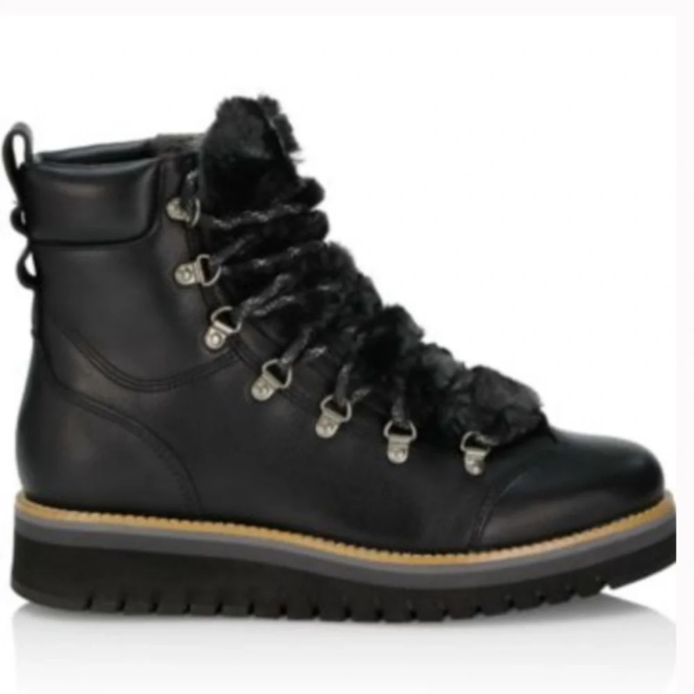Cole Haan Women’s Zerogrand Lodge Hiker Boots Faux Fur Trim Winter Boots Leather